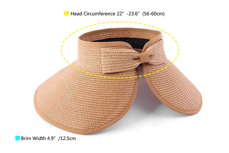 FENELY Women's Sun Visors Foldable Straw Hats Summer Beach Packable Hat Floppy Wide Brim Cap Cute Bowtie Big Heads (Khaki+Beige) - Image 3